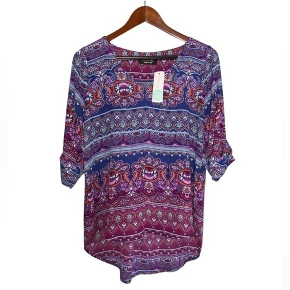 Stitch Fix Renee C. Purple Mediterranean Print V-Neck 3/4 Sleeve Blouse S NWT